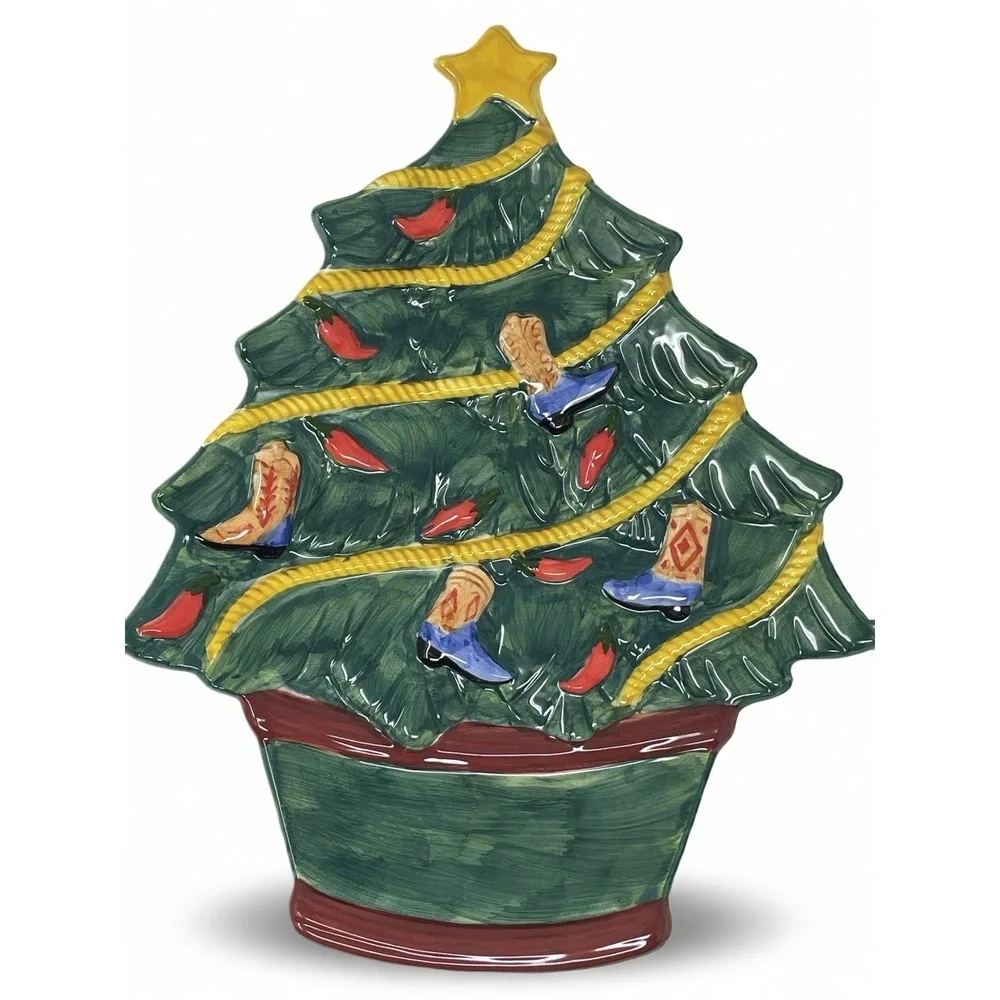 Certified International Cowboy Christmas Tree Platter Southwestern Ceramic 12in
